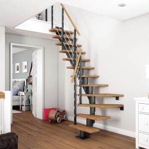 Dolle Mittelholmtreppe Frankfurt, Eiche/Anthrazit, 1/4 gewendelt, mit Geländer. Innentreppe für Geschosshöhe bis 279 cm.