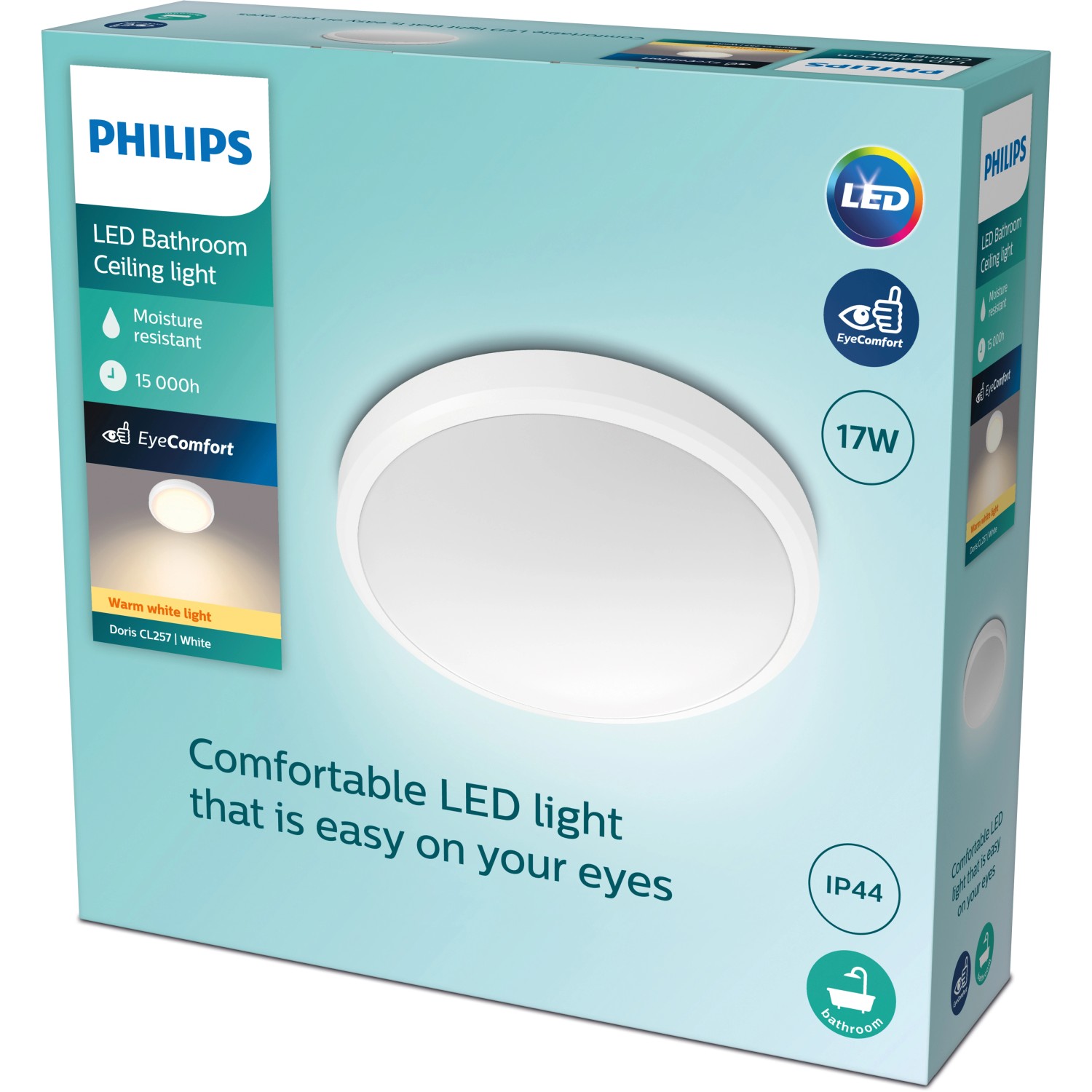 Verpackung der Philips LED-Deckenleuchte Doris, 17W, 2700K, IP44, Weiß. Badezimmerleuchte mit EyeComfort Technologie.