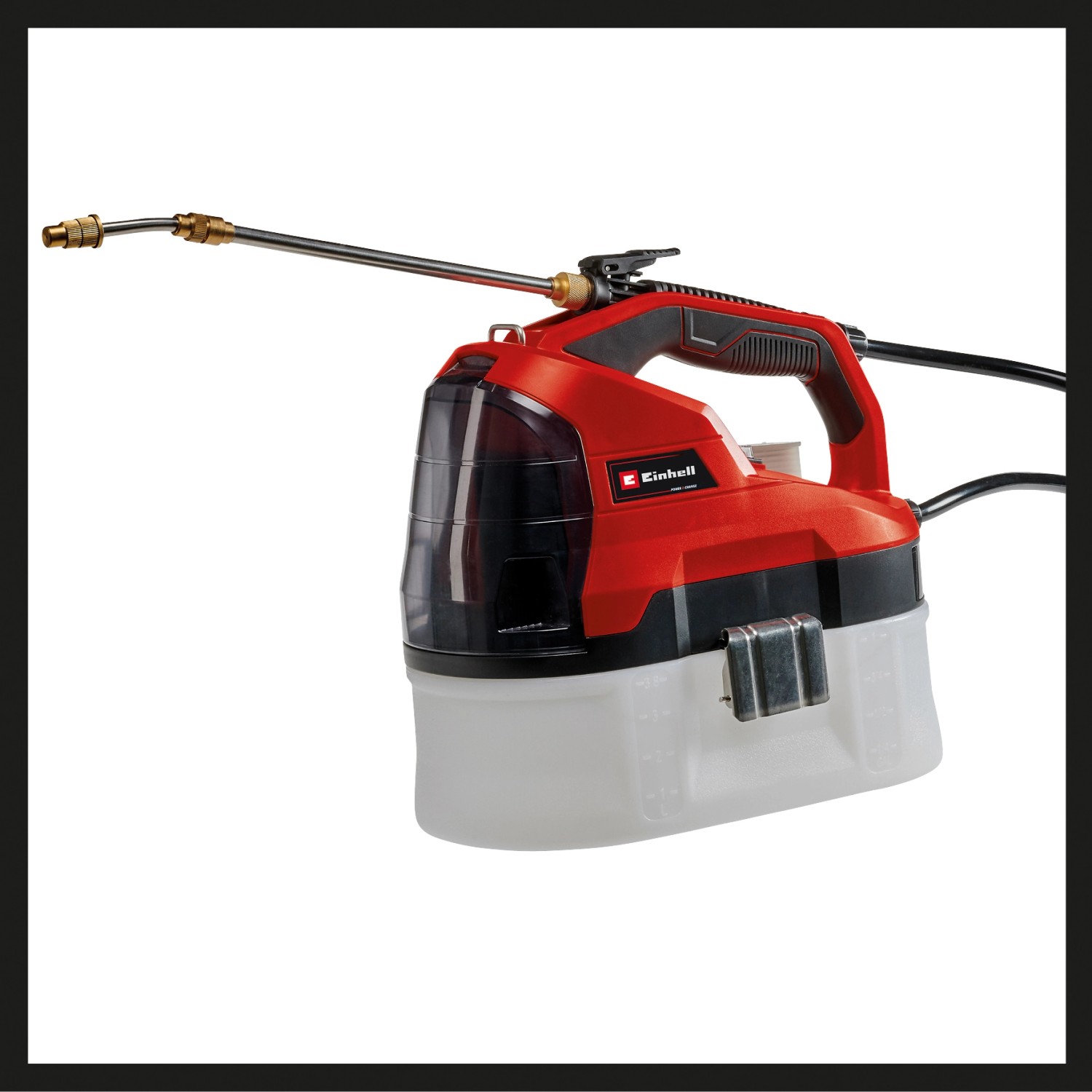 Einhell Akku-Drucksprühgerät GE-WS 18/35 Li-Solo: Rotes Gerät mit Lanze und transparentem Tank.