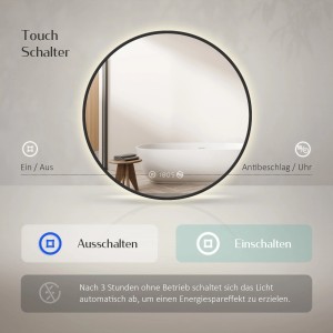 Runder Emke LED Badspiegel, 70 cm, mit schwarzem Rahmen, Beleuchtung, Uhr und Antibeschlagfunktion.