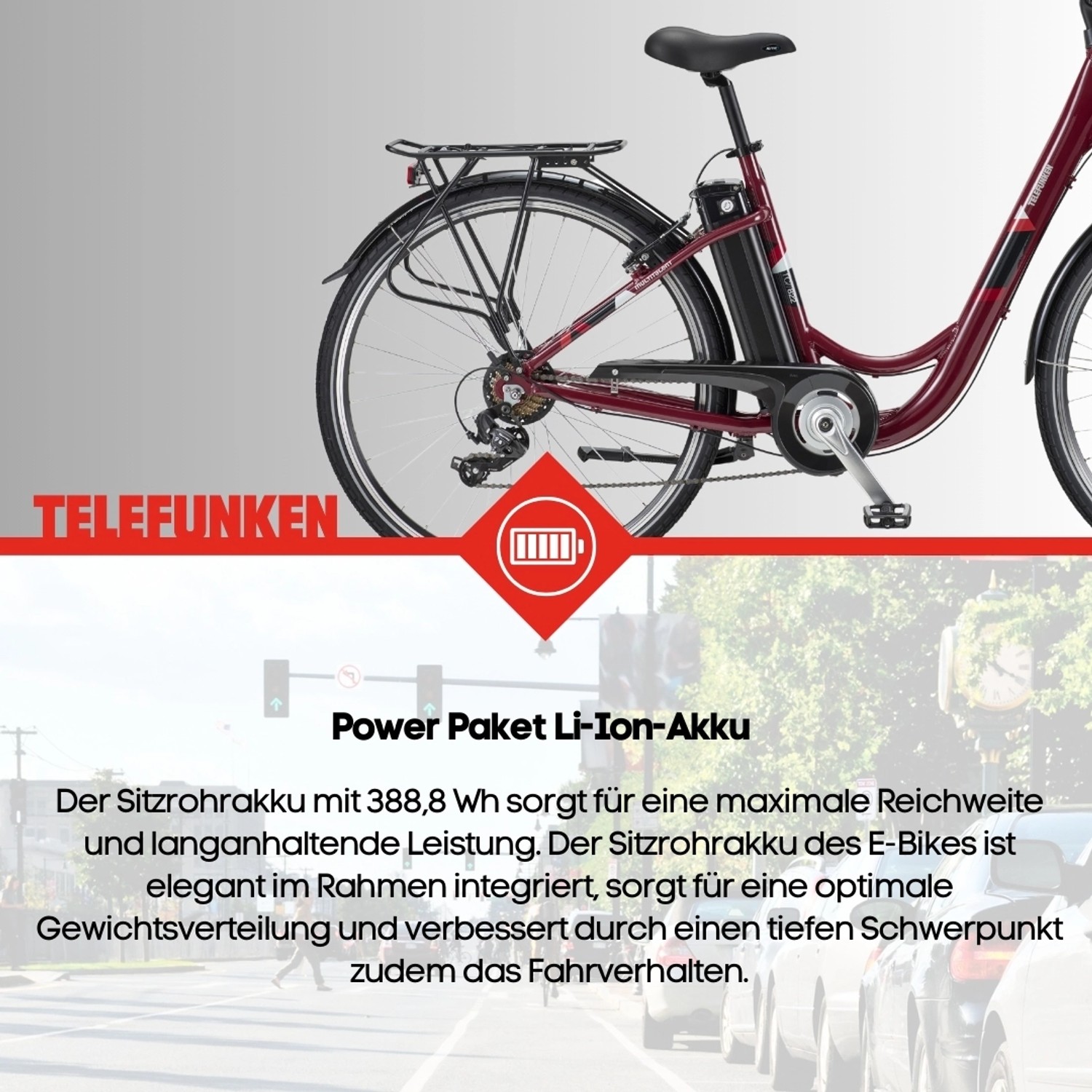 Telefunken City E-Bike, 28 Zoll, Burgunderrot, mit Gepäckträger und Akku am Sitzrohr.