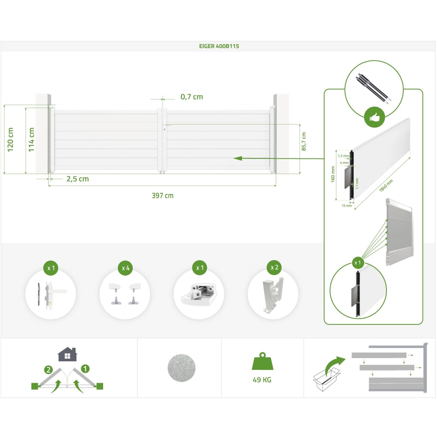 Detailzeichnung: Casanoov Flügeltor Eiger, 4m breit, weiß, mit Drehtorantrieb Hicker B200. Maße und Zubehör dargestellt.