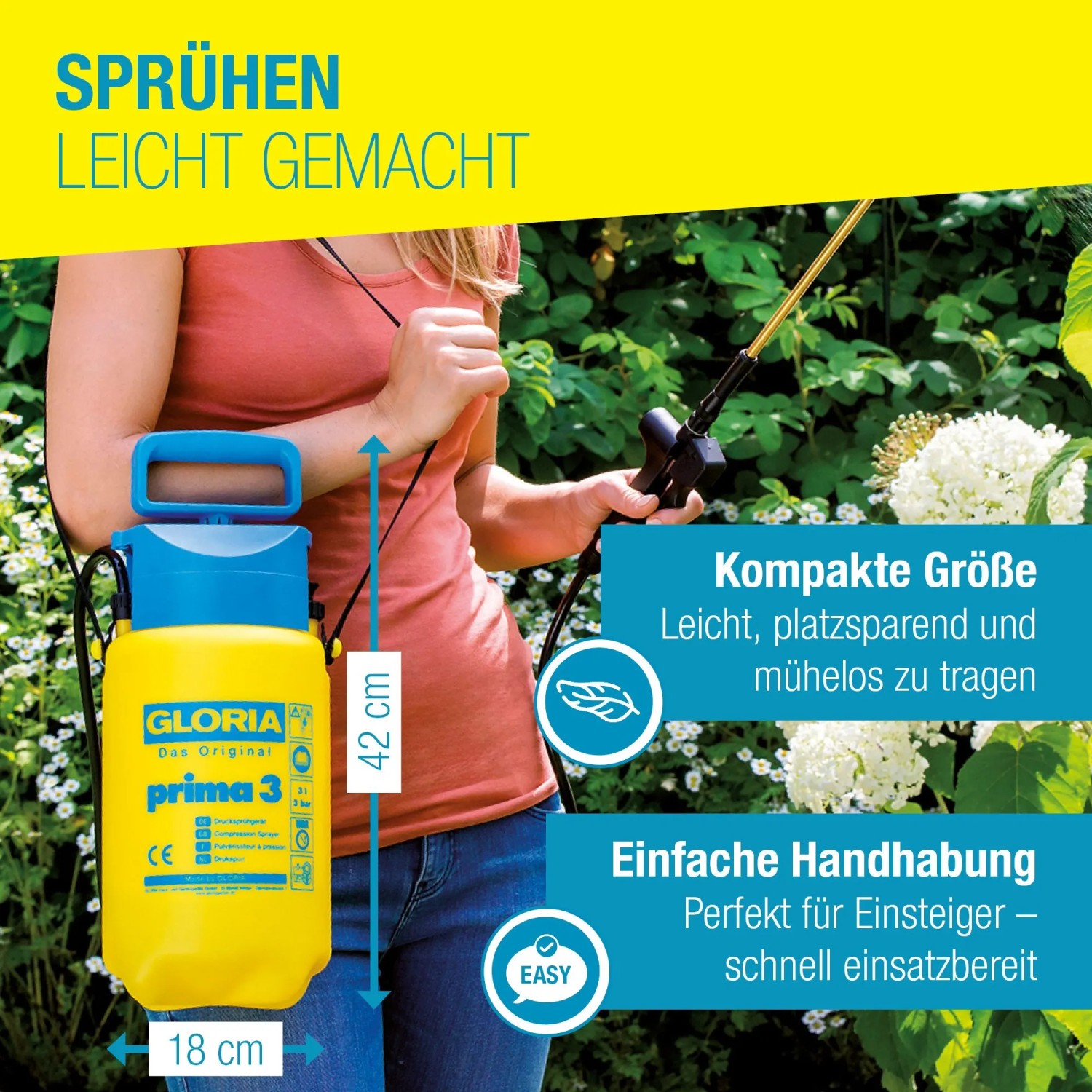 Gloria Drucksprüher Prima 3: Gelbe Gartenspritze mit blauem Griff und Messinglanze im Einsatz.