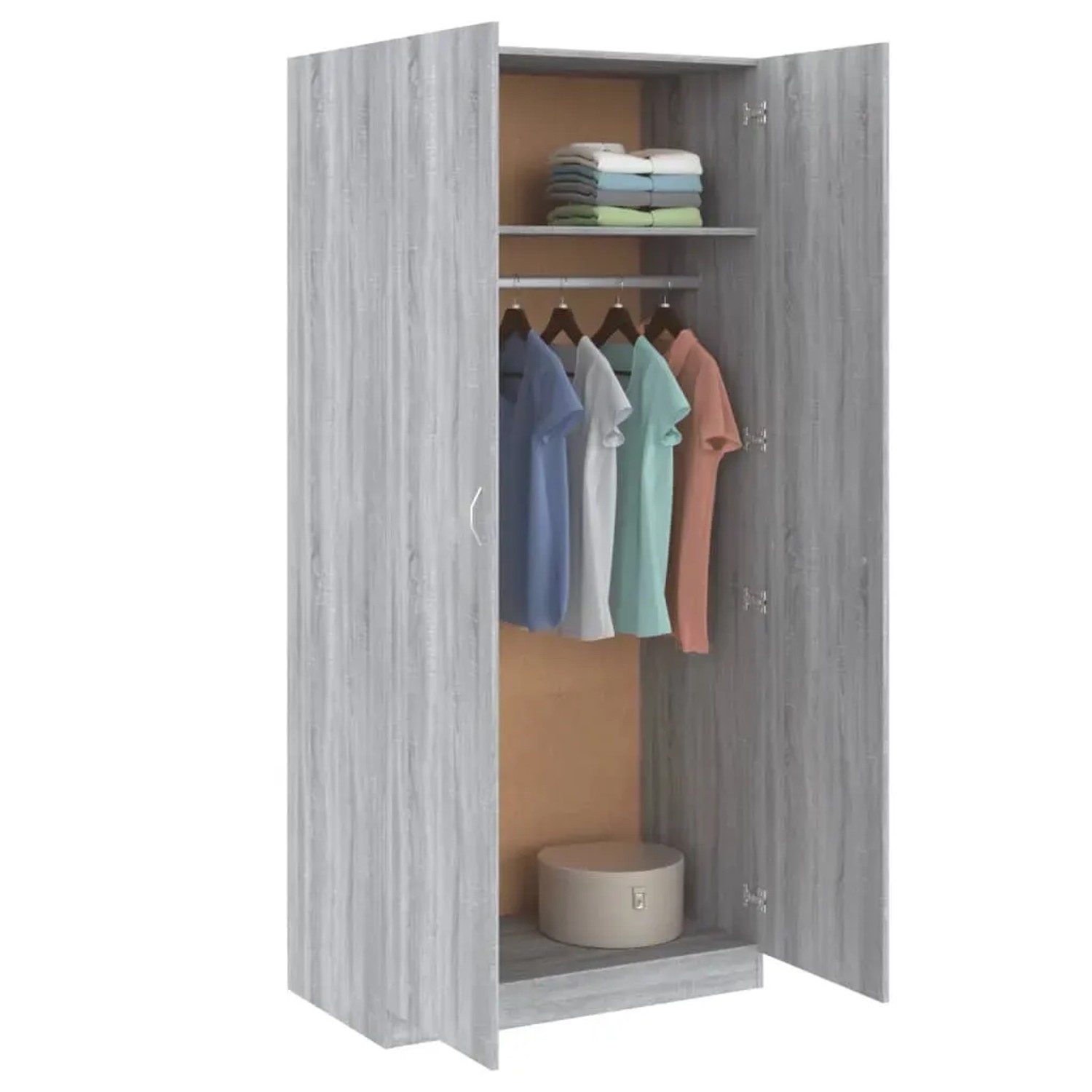 vidaXL Kleiderschrank Grau Sonoma, 90x52x200 cm, mit offenen Türen, Kleiderstange und Regalböden.