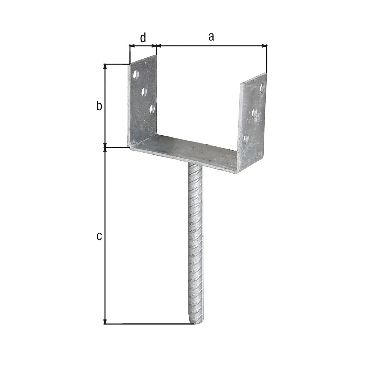 Feuerverzinkter Alberts U-Pfostenträger mit Riffelstahlanker und Maßangaben.