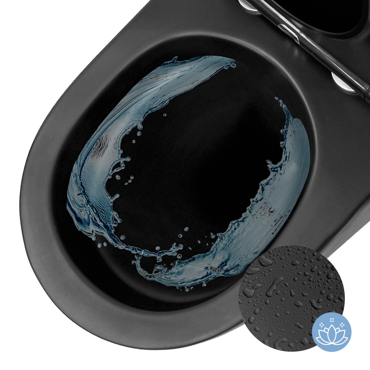 Schwarzes, spülrandloses Hänge-WC mit Nano-Beschichtung und Wasserwirbel im Becken.