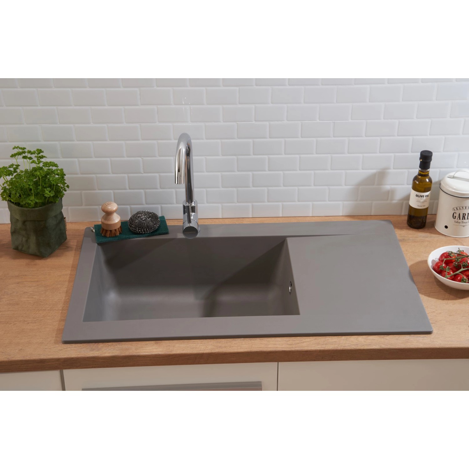 Respekta Einbauspüle Denver, 86x50 cm, Betongrau. Spüle aus Mineralite für 60 cm Unterschränke.