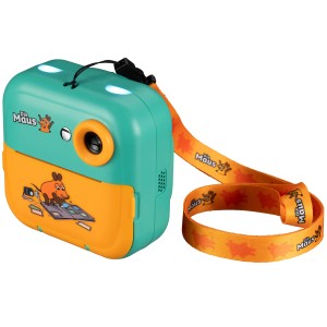 DieMaus Sofortbildkamera für Kinder in Grün-Orange mit Trageriemen.