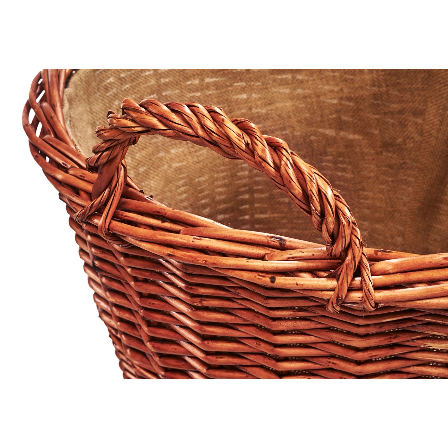 Detailaufnahme: Runder Kobolo Holztragekorb aus Weide mit Jute und Henkel.