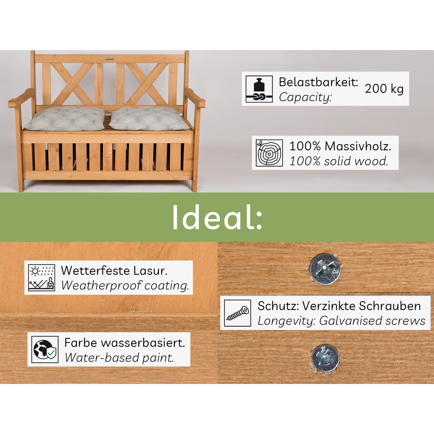 Gartenbank aus Holz mit Stauraum, 2-Sitzer Truhenbank in Dunkelbraun.