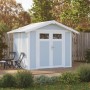 Grosfillex Gerätehaus Utility 4,9 in Graublau, Kunststoff-Gartenhaus mit Doppeltür und Satteldach.