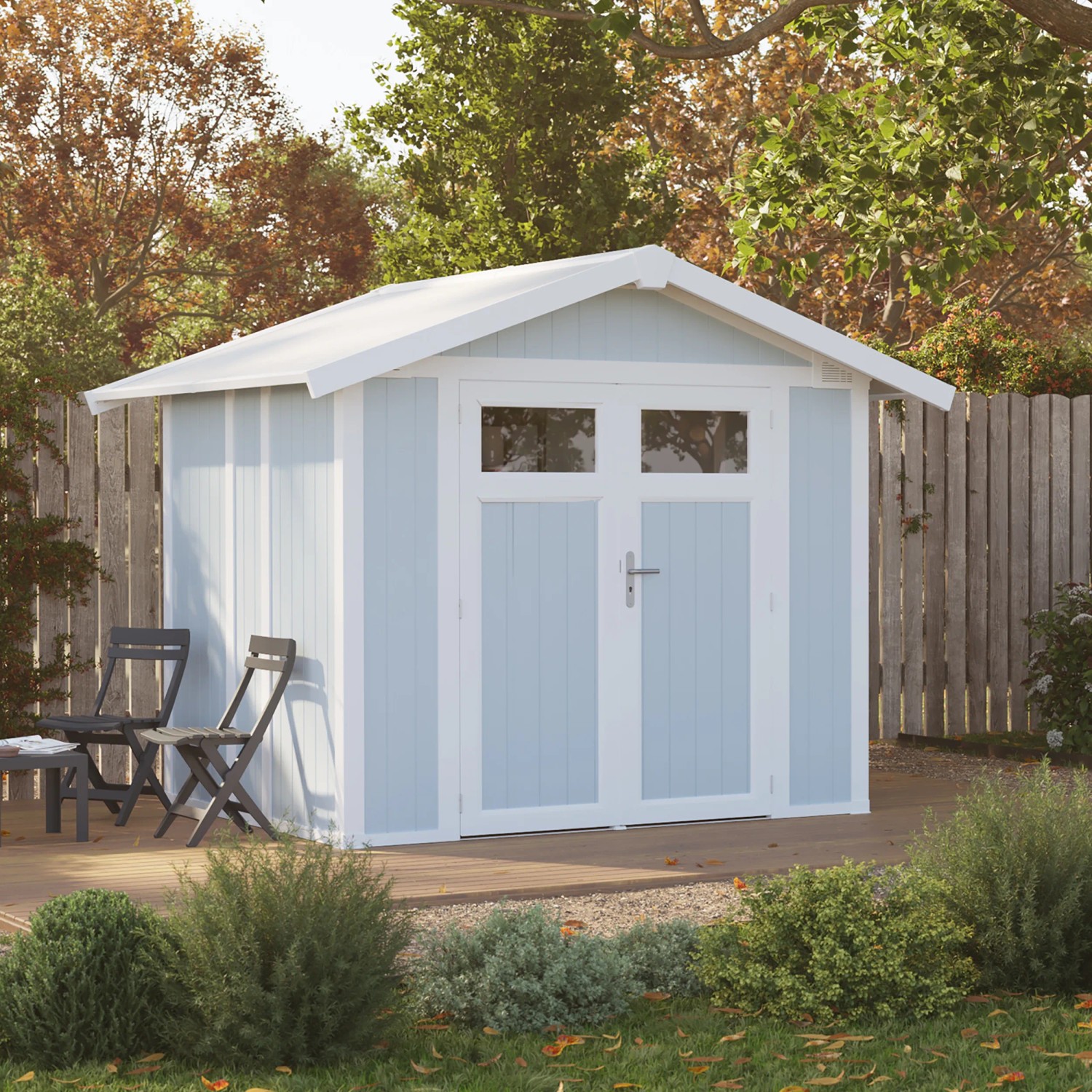 Grosfillex Gerätehaus Utility 4,9 in Graublau, Kunststoff-Gartenhaus mit Doppeltür und Satteldach.