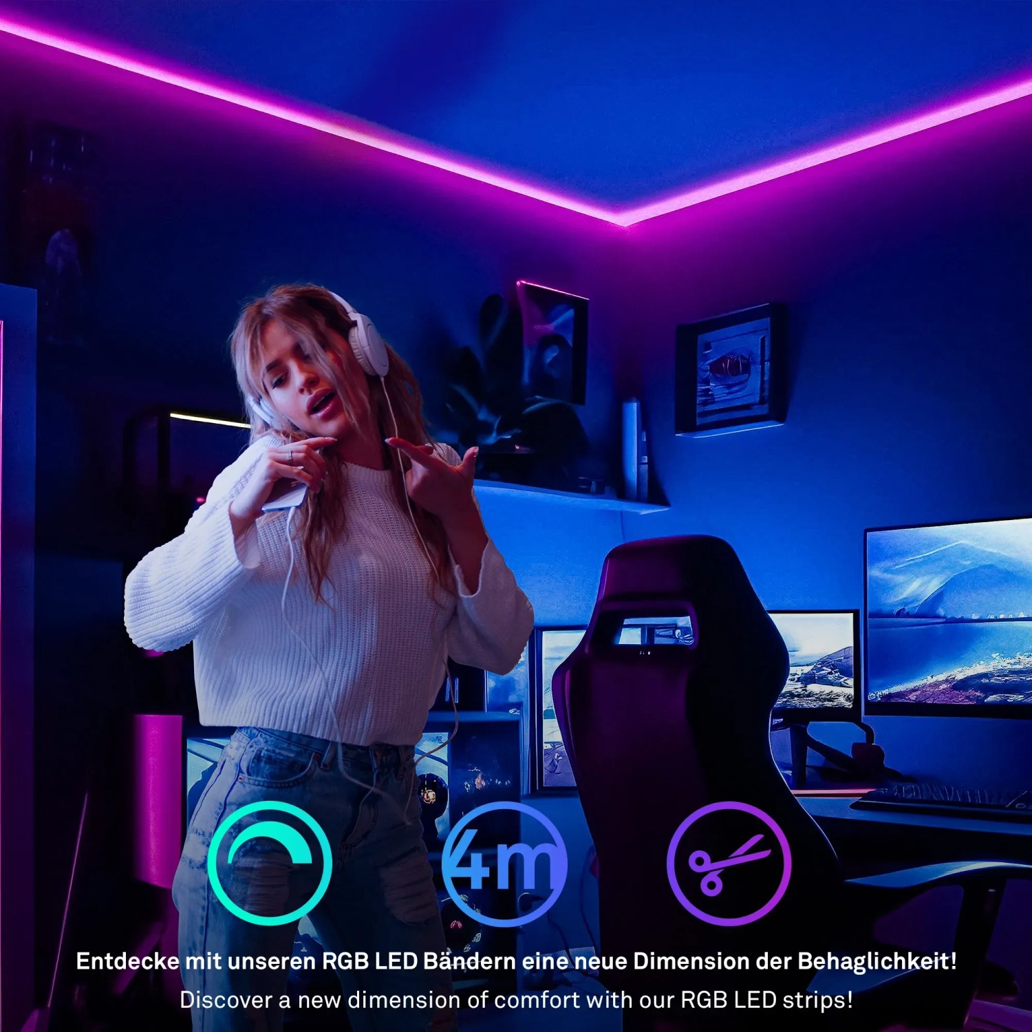 Frau mit Kopfhörern unter pinkem Briloner LED-Band (4m) im Gaming-Zimmer.