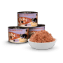 Lucky Lou Katzen-Nassfutter Adult Geflügel & Lachs mit Zucchini, 200g Dose und Schale mit Futter.