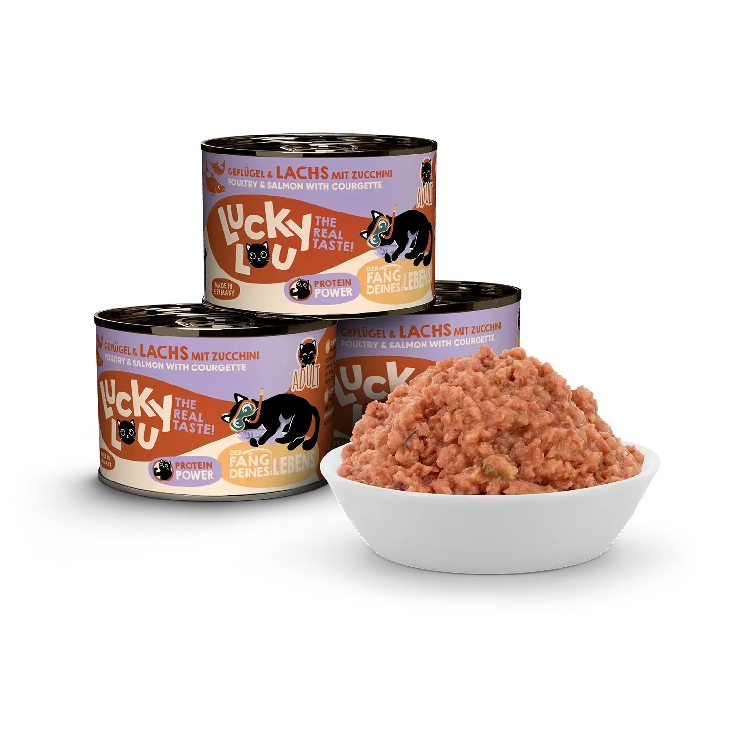 Lucky Lou Katzen-Nassfutter Adult Geflügel & Lachs mit Zucchini, 200g Dose und Schale mit Futter.