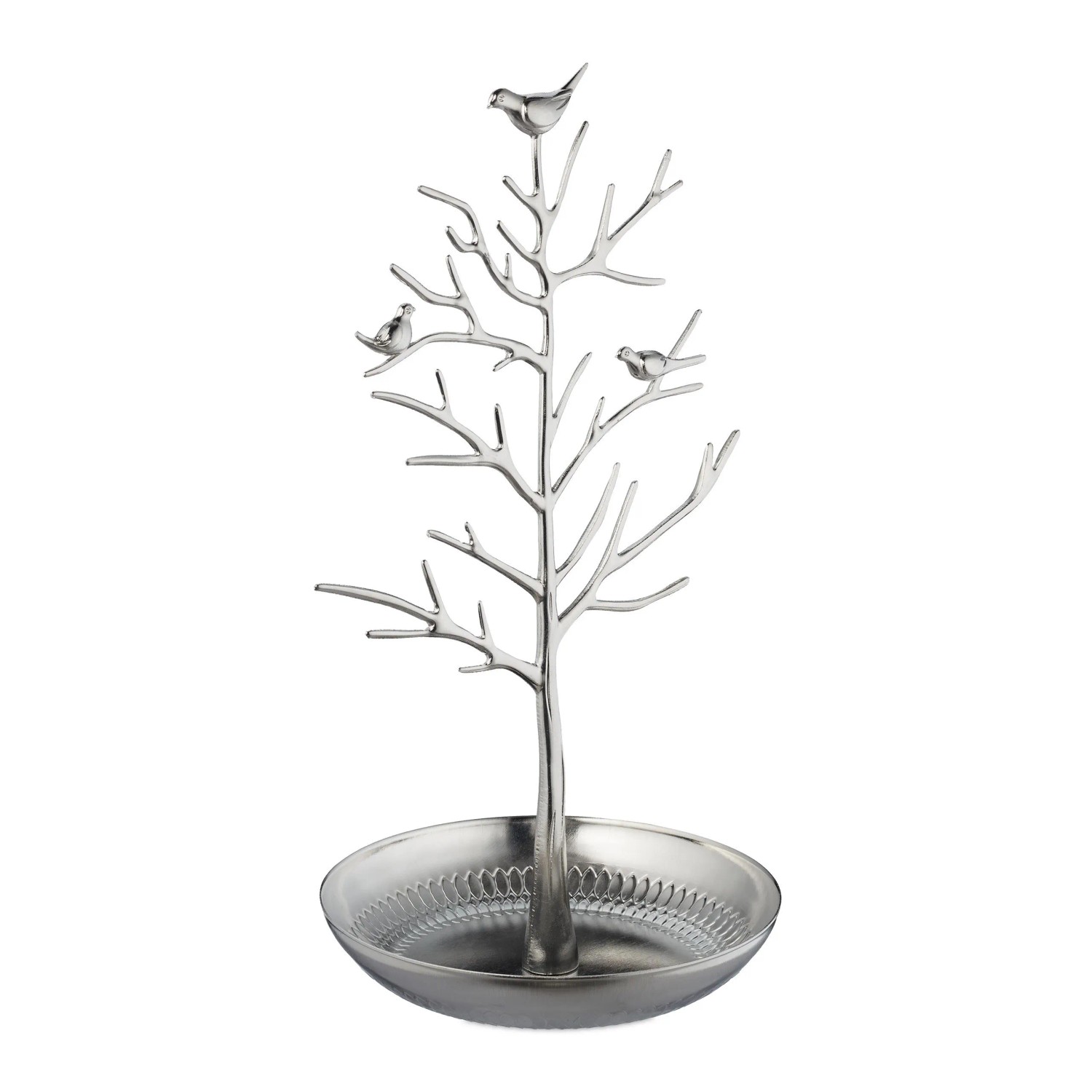 Relaxdays Schmuckständer Baum Zink Silber mit Ablage 30 cm x 16 cm x 15 cm 340 g