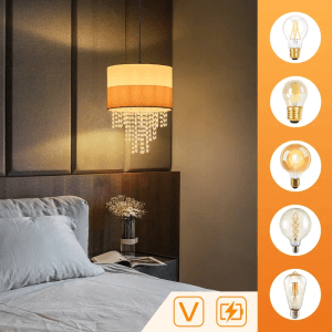 Vintage Pendelleuchte mit zweifarbigem Stoffschirm und funkelnden Kristallen, E27-Fassung, höhenverstellbar, im Schlafzimmer.