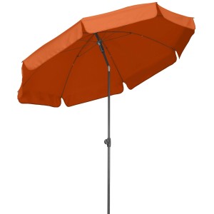 Terracottafarbener Schneider Balkonschirm Aquila Ø 250 cm mit Push-Up Mechanik.