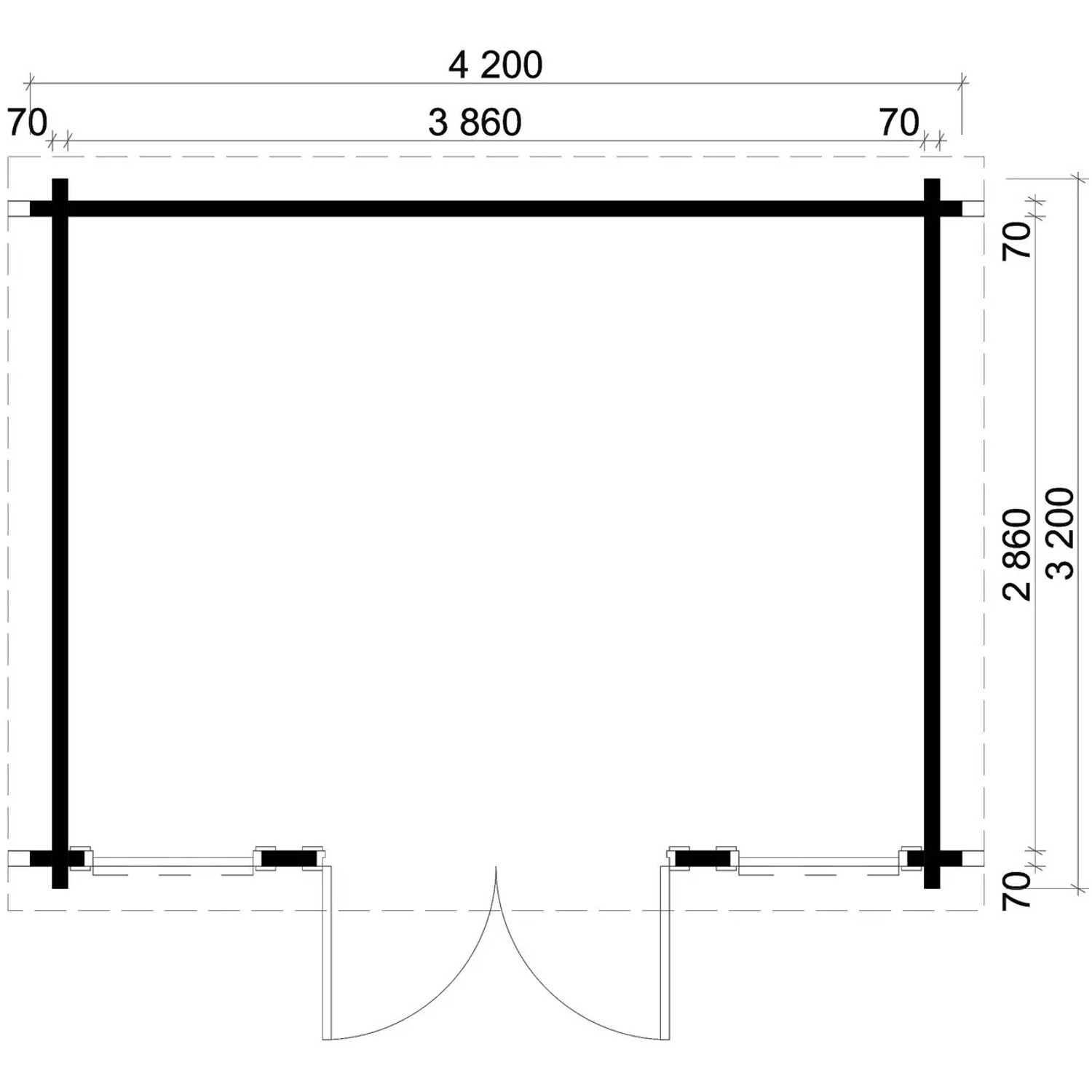 Grundrisszeichnung Carlsson Gartenhaus Atrium-F, Pultdach, 400x294 cm, Maße und Details.
