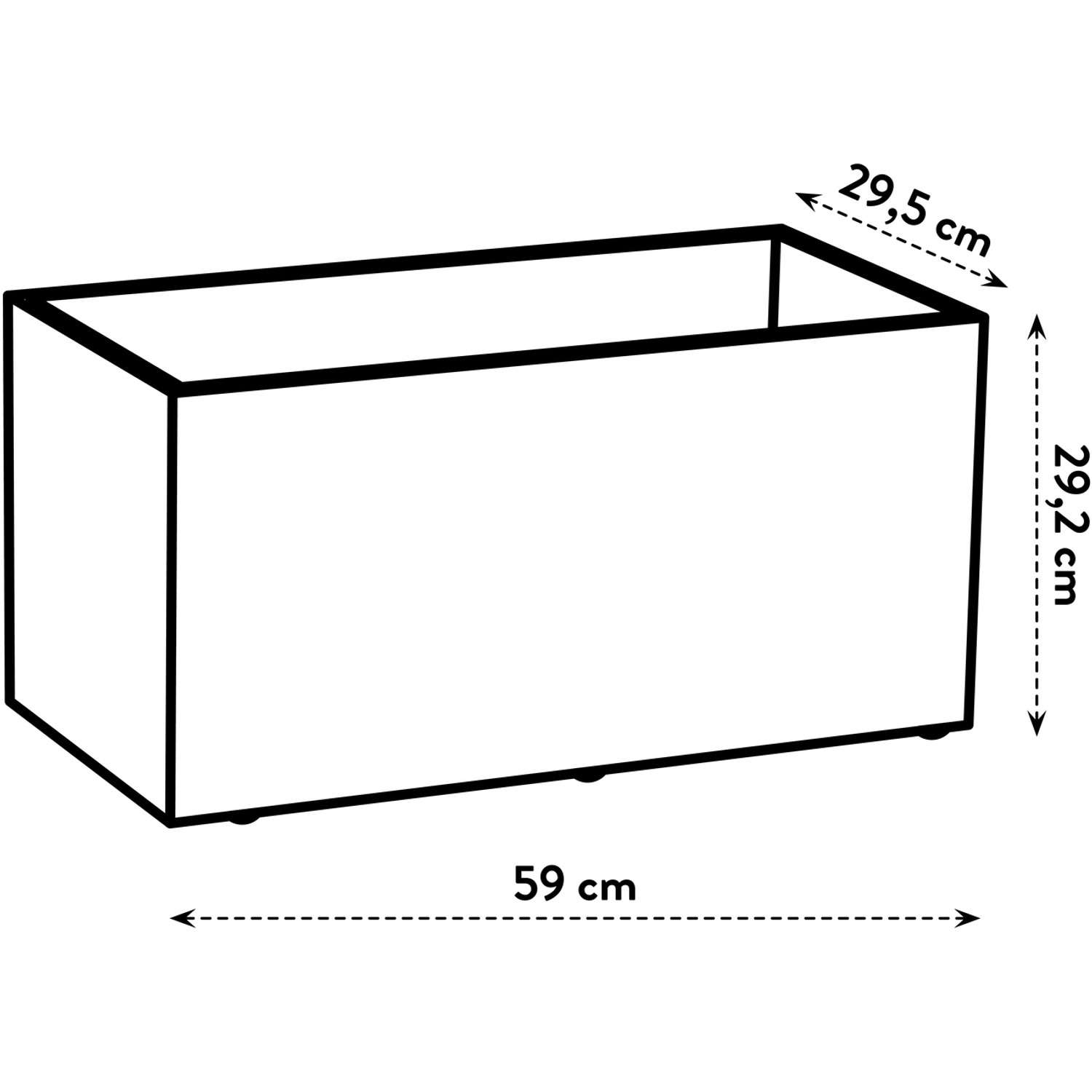 Abbildung eines schwarzen Elho Vivo Next Lang Pflanzkübels 59x29,5x29,2 cm mit Rollen und Maßangaben.