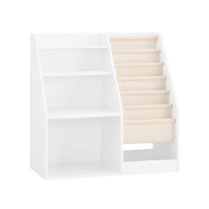 Weißes SoBuy Kinder Bücherregal mit 3 Regalen und Stofftaschen. Ideal zur Aufbewahrung von Büchern und Spielzeug.
