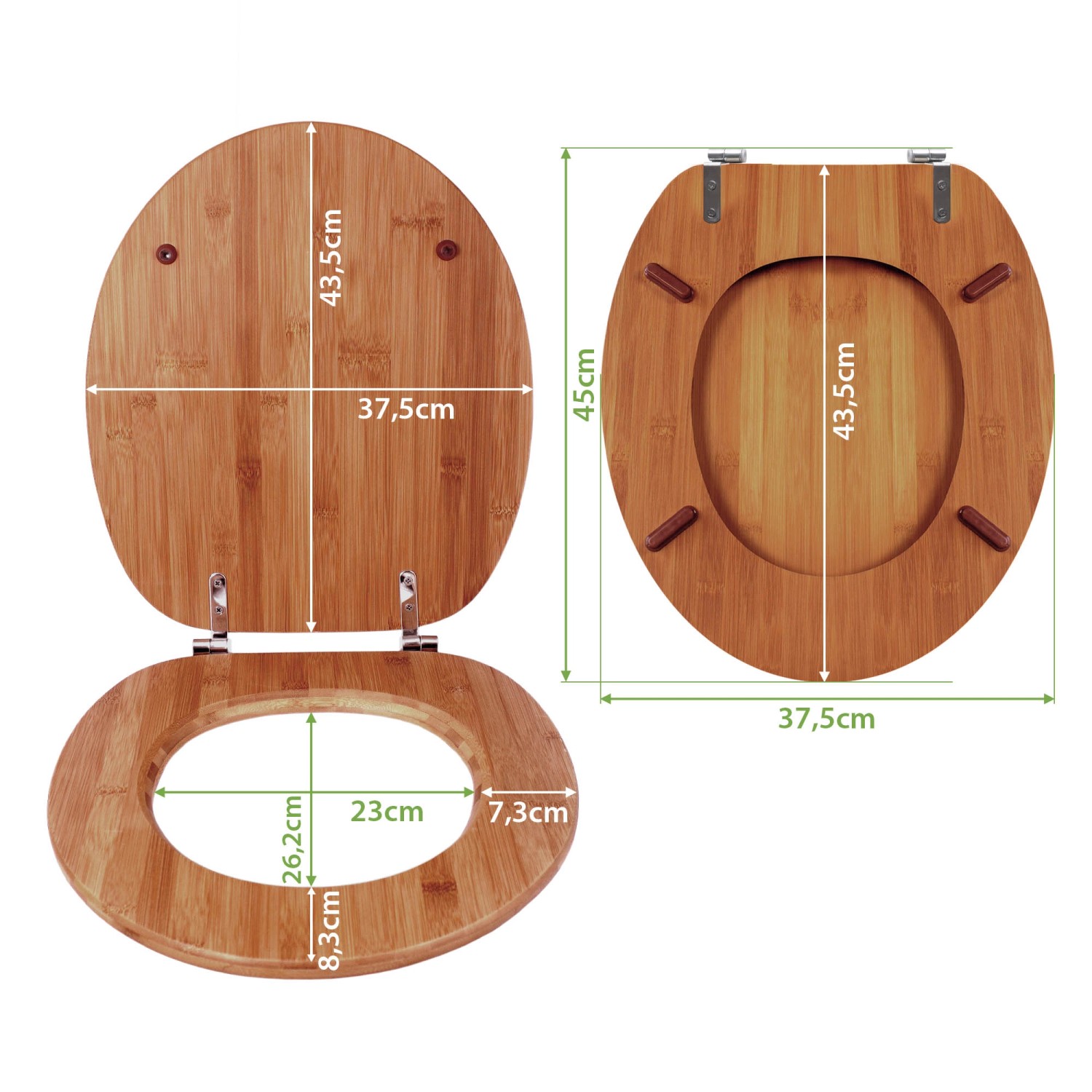 Banjado WC-Sitz aus Bambus mit grünem Motiv und Universal-Scharnieren, Maße eingezeichnet.
