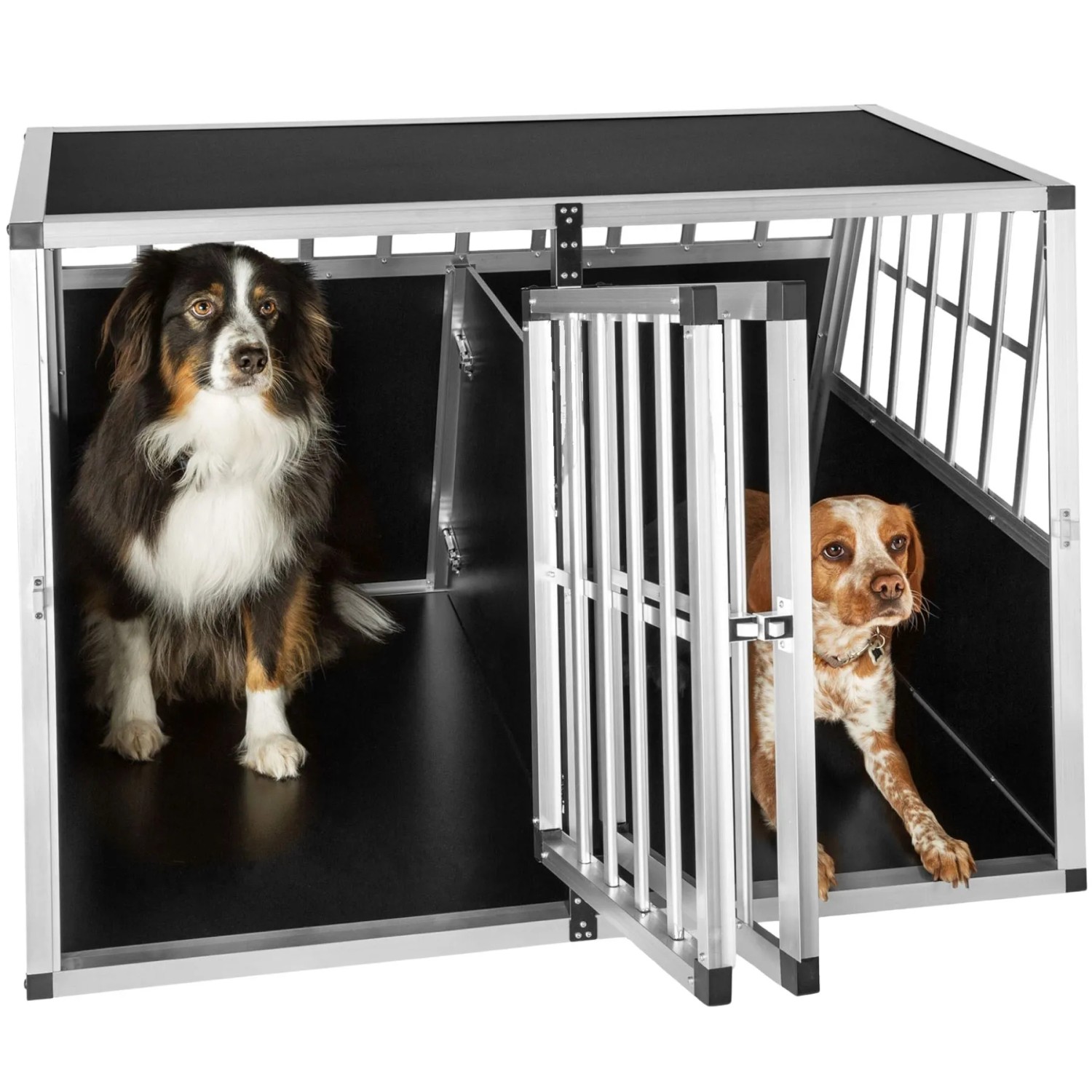 Tectake Hundetransportbox Doppel  Mit Schräger Rückwand Aus Aluminium  Robust und Pflegeleicht  104 x 90 50 x 69 cm Schwarz