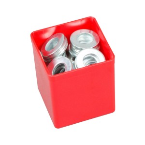 Roter Sortimentskasten EuroPlus Insert mit Metall-Unterlegscheiben, 6,3x5,4x5,4 cm.