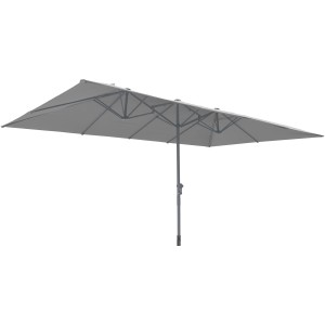 Lichtgrauer Leco Marktschirm, 270x460 cm, mit Kurbelmechanik. Ideal als Sonnenschutz.