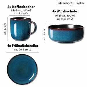 Ritzenhoff & Breker Bali Frühstücks-Set, 12-teilig: Tasse, Schale, Teller in blau-schwarz. Geschirr-Set aus Steinzeug.