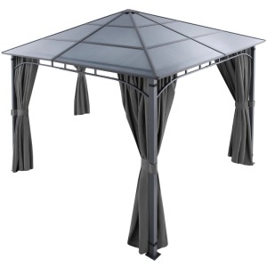 Grauer Tectake Gartenpavillon Caracas 3x3m mit Aluminiumgestell, Polycarbonatdach & Seitenteilen. Wetterfest, UV-Schutz.