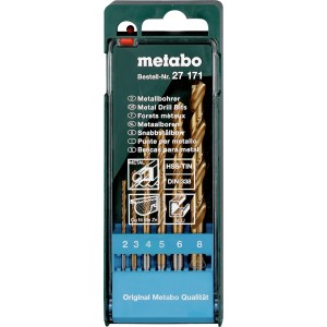 Metabo HSS-TiN Bohrerkassette, 6-teilig. Set mit goldenen Metallbohrern in blau-grüner Kassette.