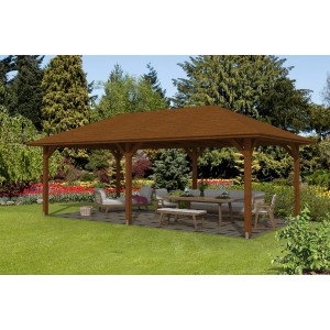 Holz-Pavillon Orleans 2, Nussbaum lasiert, 359x706 cm. Gartenlaube mit Sitzgruppe im Grünen.