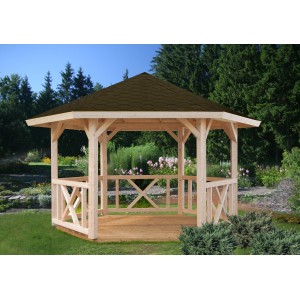 Palmako Pavillon Betty, 384x337 cm, lackiert weiß, mit Geländer und braunem Dach.