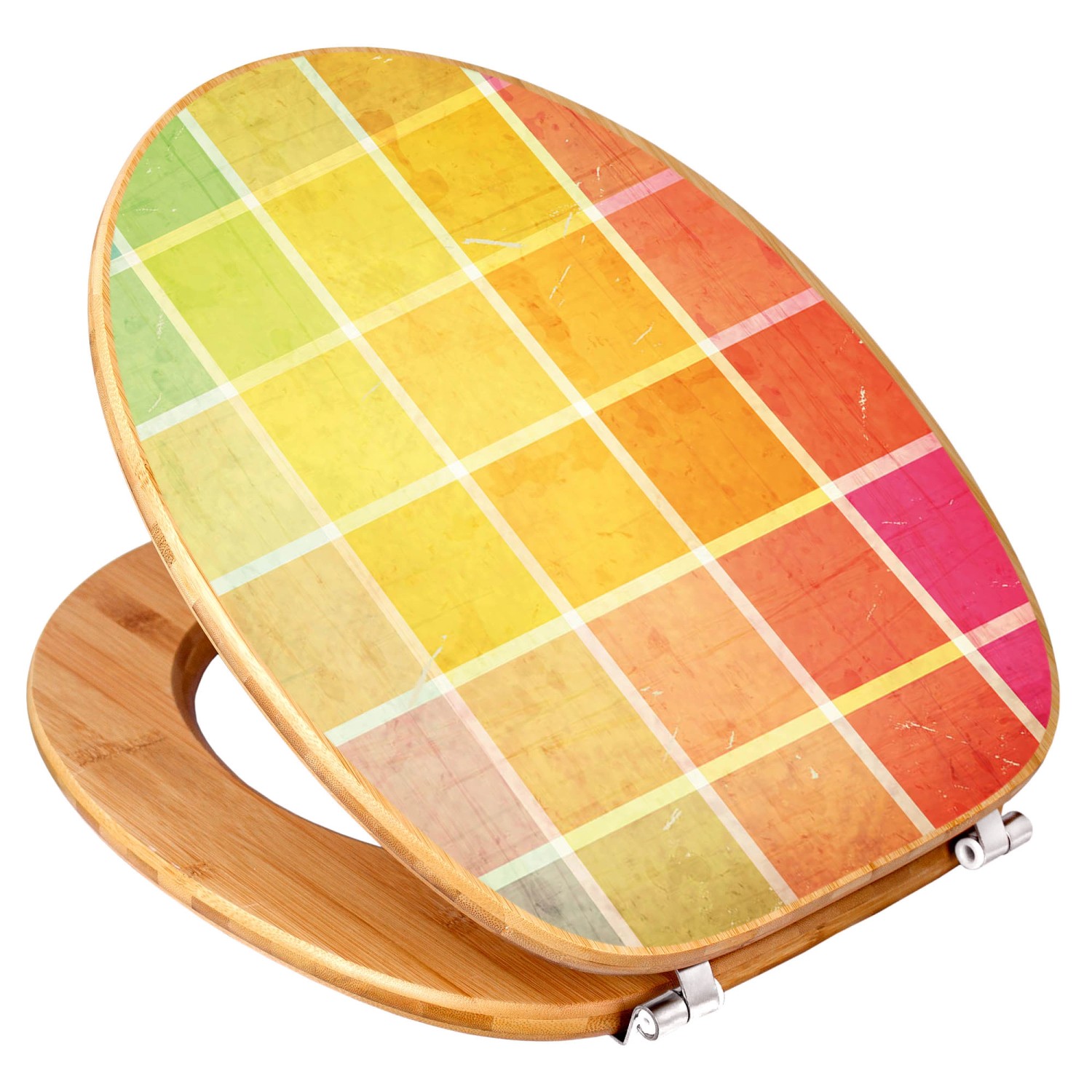 Banjado WC-Sitz aus Bambus mit buntem Glasbaustein-Motiv und Universal-Scharnieren.