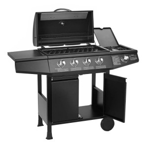 Schwarzer Taino Basic 4+1 Gasgrill mit 4 Edelstahl Brennern, Seitenkocher, offenem Deckel und Unterschrank auf Rollen.