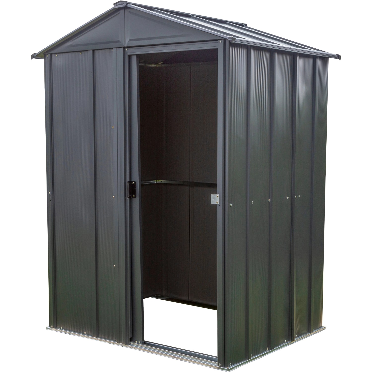 Graues Spacemaker Metall-Gerätehaus, 1,5 m², mit geöffneter Tür. Ideal zur Aufbewahrung im Garten.