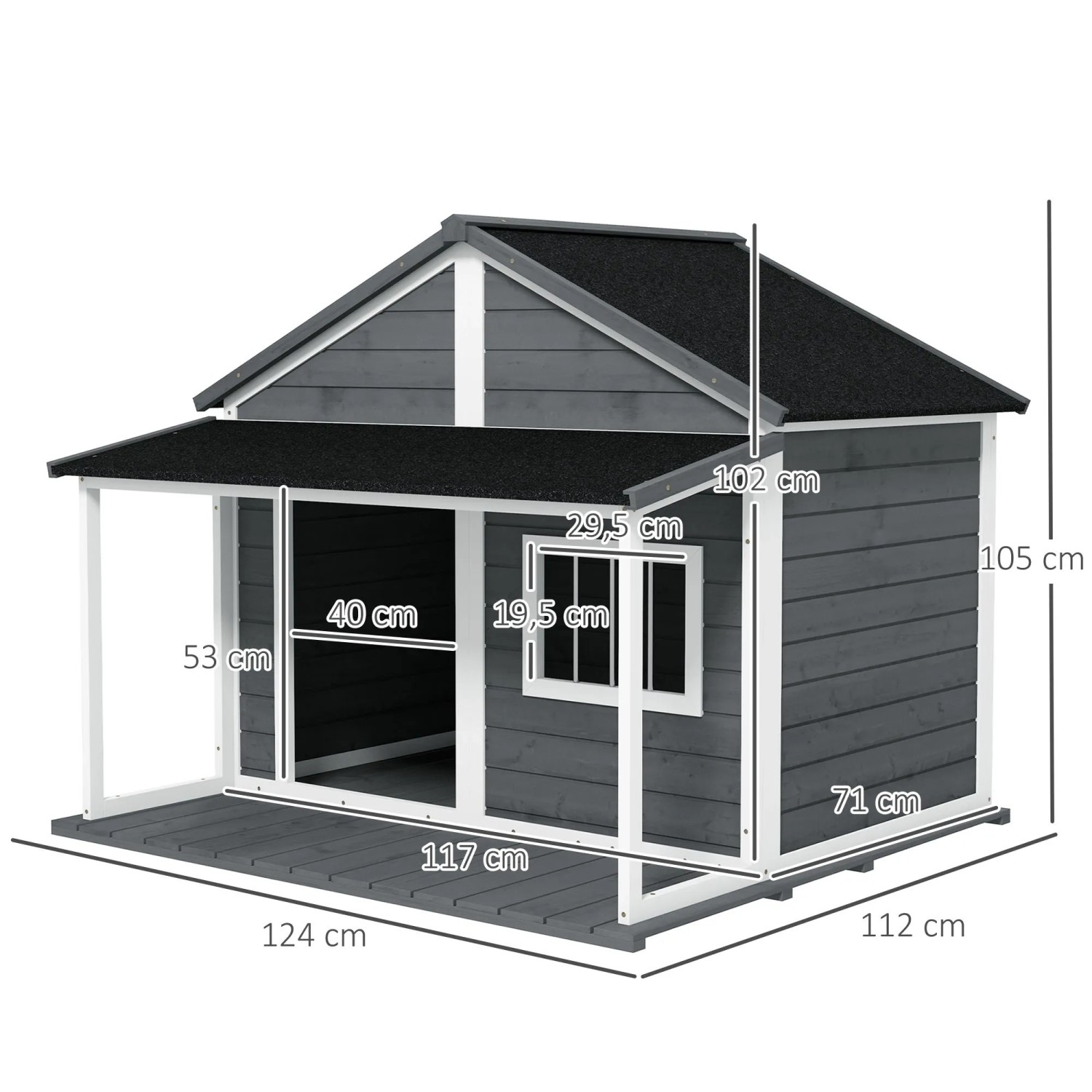 PawHut Hundehütte aus Massivholz mit Terrasse Asphaltdach Grau 124 x 112 x 105cm_4