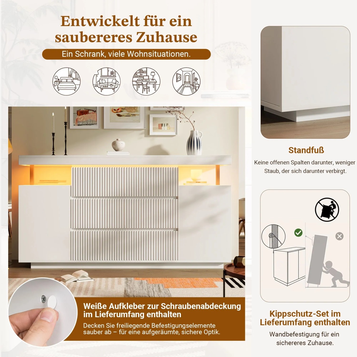 Weißes Merax Sideboard mit LED-Beleuchtung und Riffelfront in modernem Wohnzimmer. 150 cm breiter Wohnzimmerschrank.