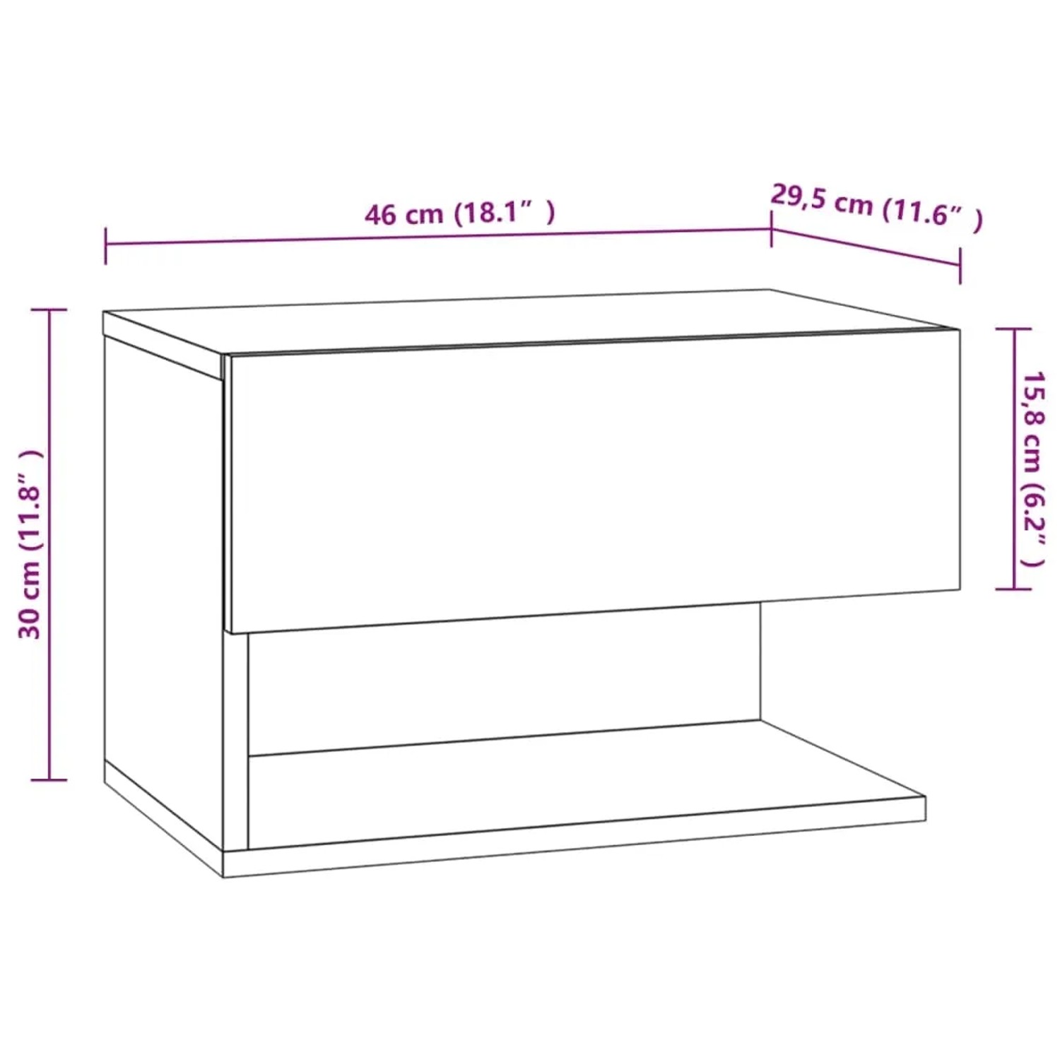 Zwei weiße Wand-Nachttische aus Holzwerkstoff mit Maßen.