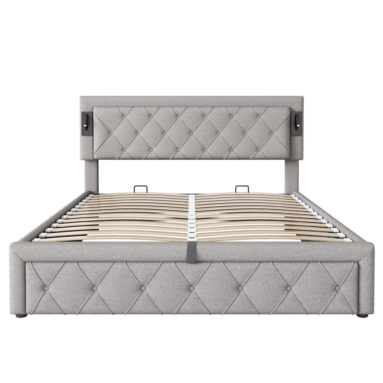 KOMHTOM Hydraulisch Gepolstertes Doppelbett 160 x 200 Cm Mit Integrierter Beleuchtung Und Usb-Anschluss  Lattenrost  Stauraum  Bettwäsche  Grau