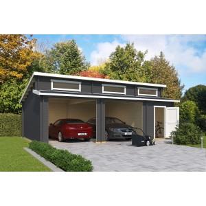 Carbongraue Lasita Garage Hawaii ohne Tore (780x520cm) mit zwei Autos und Rasenmäher vor der Garage.