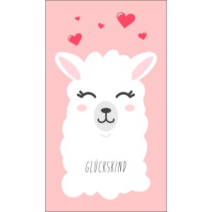 Deco Panel Glückskind mit Lama und Herzen auf rosa Hintergrund.
