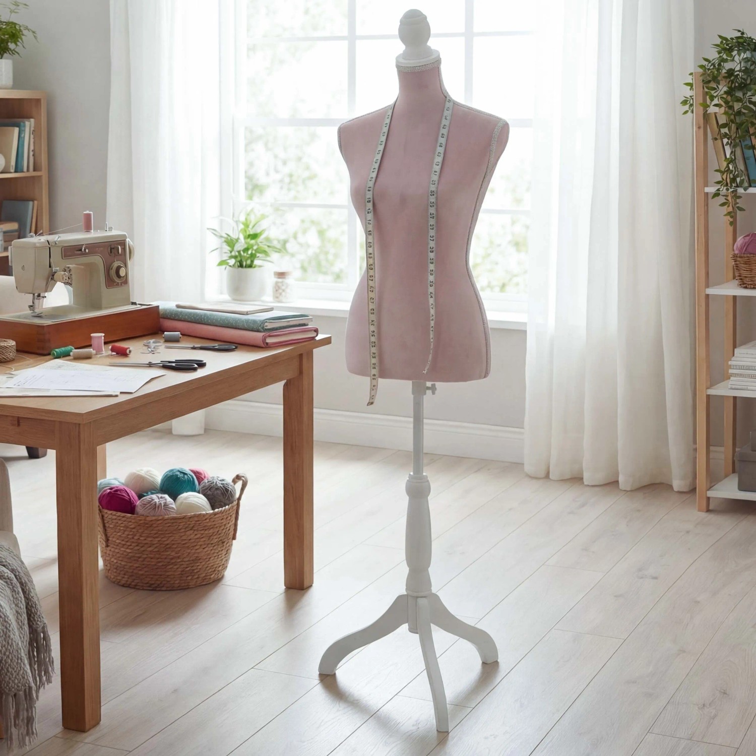 Rosa Schneiderpuppe mit Holzstand und Maßband in Nähzimmer. Höhenverstellbare Damenbüste für Mode & Dekoration.