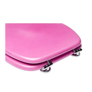 Sanilo WC-Sitz Glitzer Pink aus Holz mit Chrom-Scharnieren, Detailansicht.