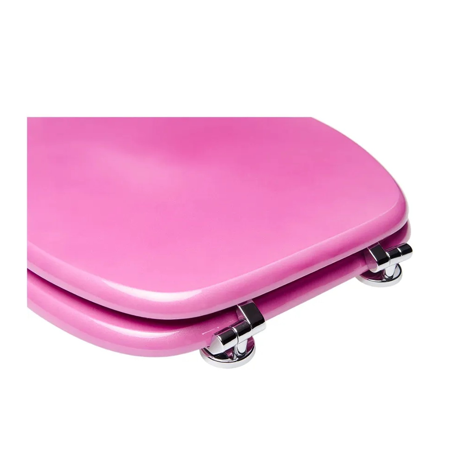 Sanilo WC-Sitz Glitzer Pink aus Holz mit Chrom-Scharnieren, Detailansicht.