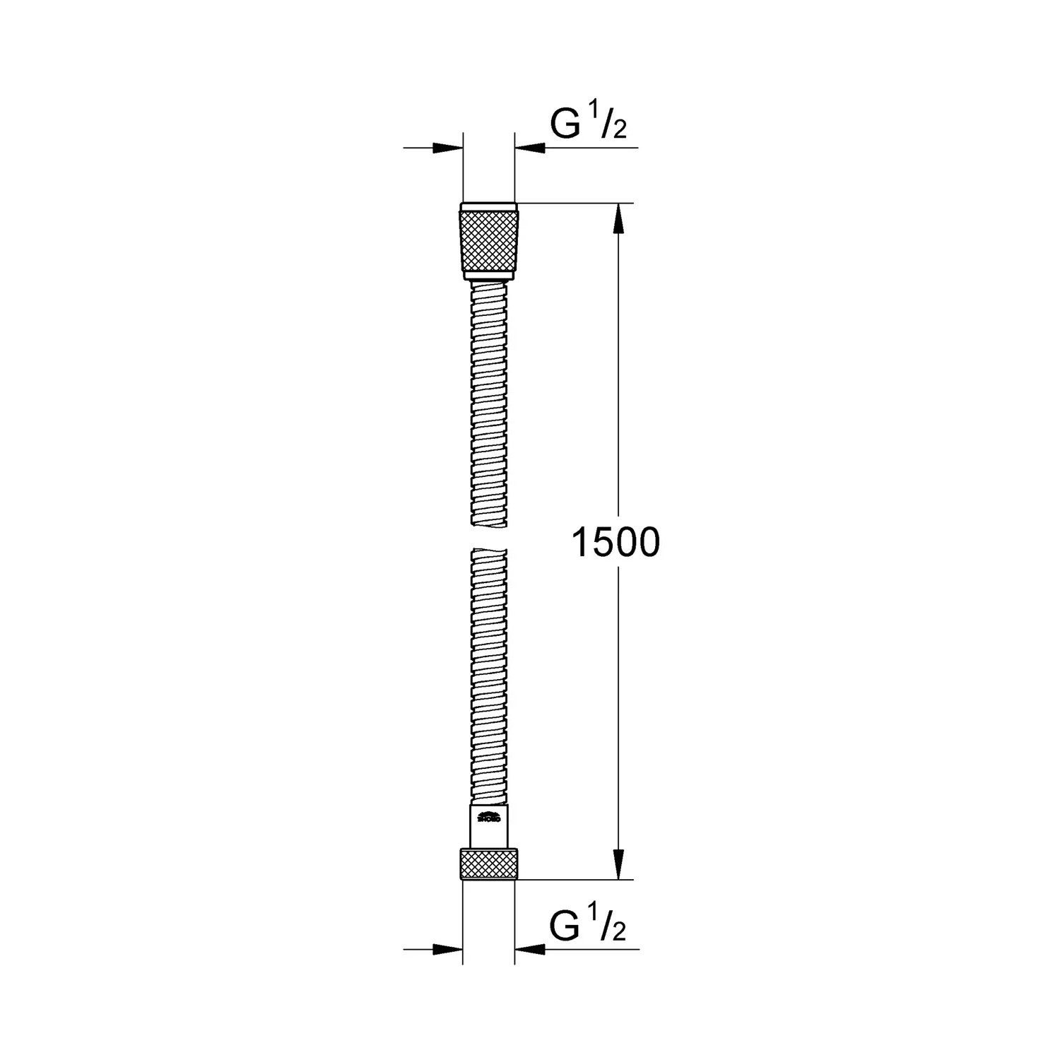 Grohe QuickFix Brauseschlauch VitalioFlex, 150 cm, Chrom, technische Zeichnung.
