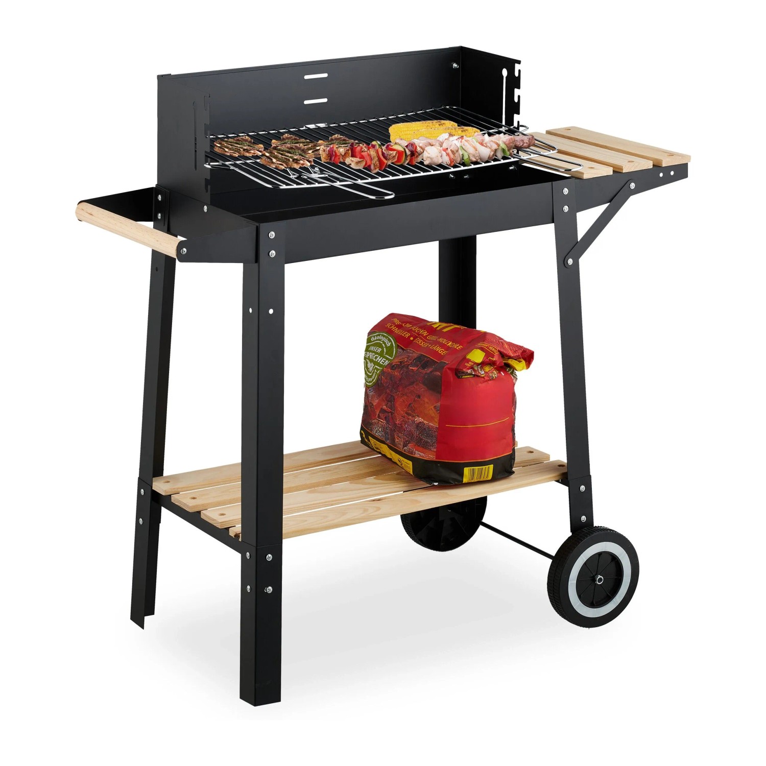 Relaxdays Grillwagen Stahl Kiefernholz Kunststoff Schwarz Natur Fahrbar Höhenverstellbar 80,5 cm x 86 cm x 42 cm