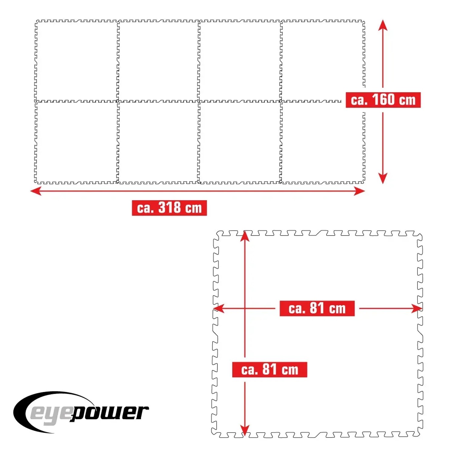 Blaues eyepower Poolunterlage 8er Set, 81x81cm, schützt den Poolboden. Detailansicht der Maße.