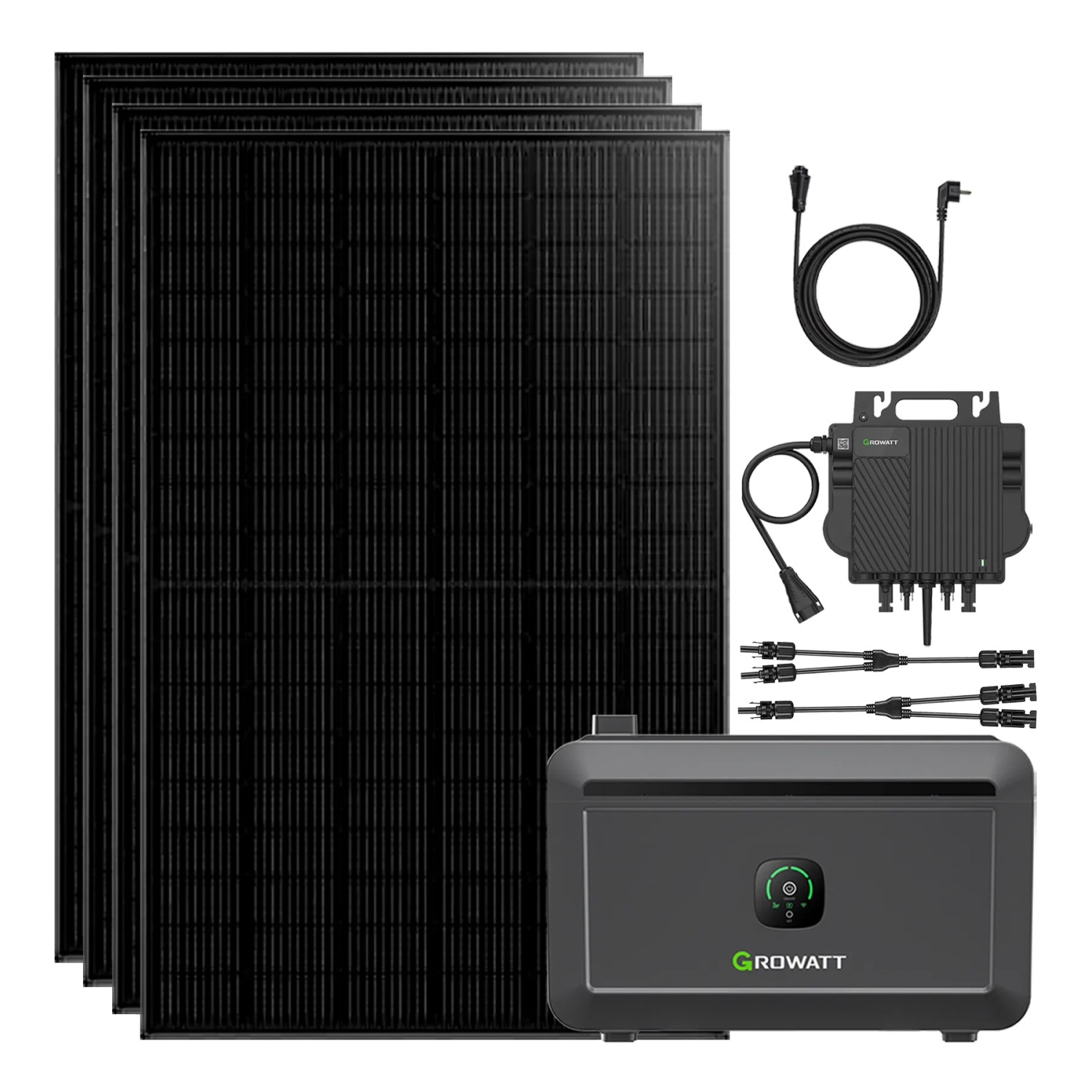 Growatt Noah 2000 Balkonkraftwerk 1800W mit Solarmodulen, Wechselrichter und Speichersystem.